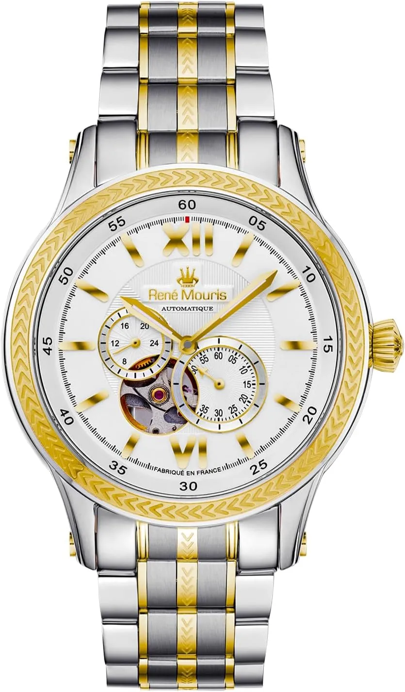 Stainless Steel Band. Ren�� Mouris Corona Automatic Watches for external lunch tranquil bison gist Men - 44MM 316L Stainless Steel Semi Skeleton Watch - Sapphire Coated Mineral Crystal - 100M Waterproof Wrist Watches with 316L 