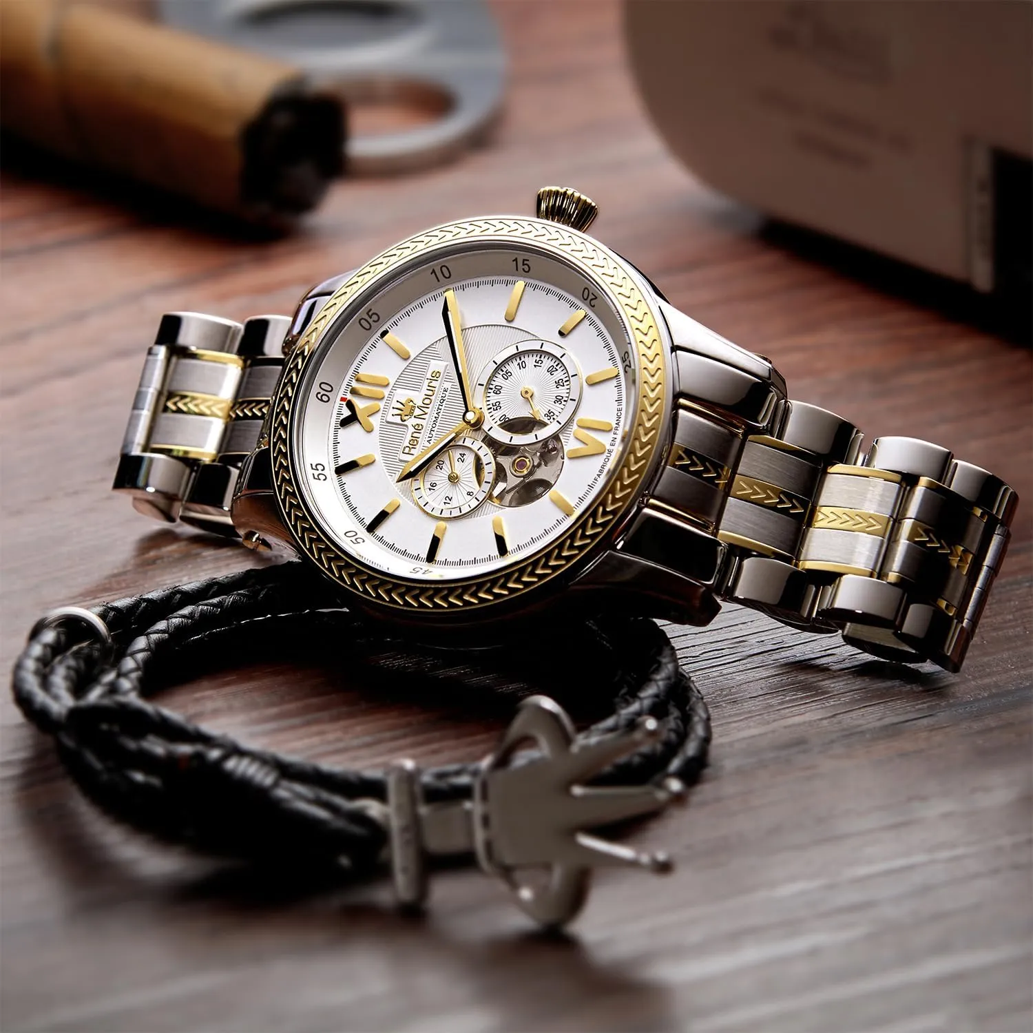Stainless Steel Band. Ren�� Mouris Corona Automatic Watches for external lunch tranquil bison gist Men - 44MM 316L Stainless Steel Semi Skeleton Watch - Sapphire Coated Mineral Crystal - 100M Waterproof Wrist Watches with 316L 