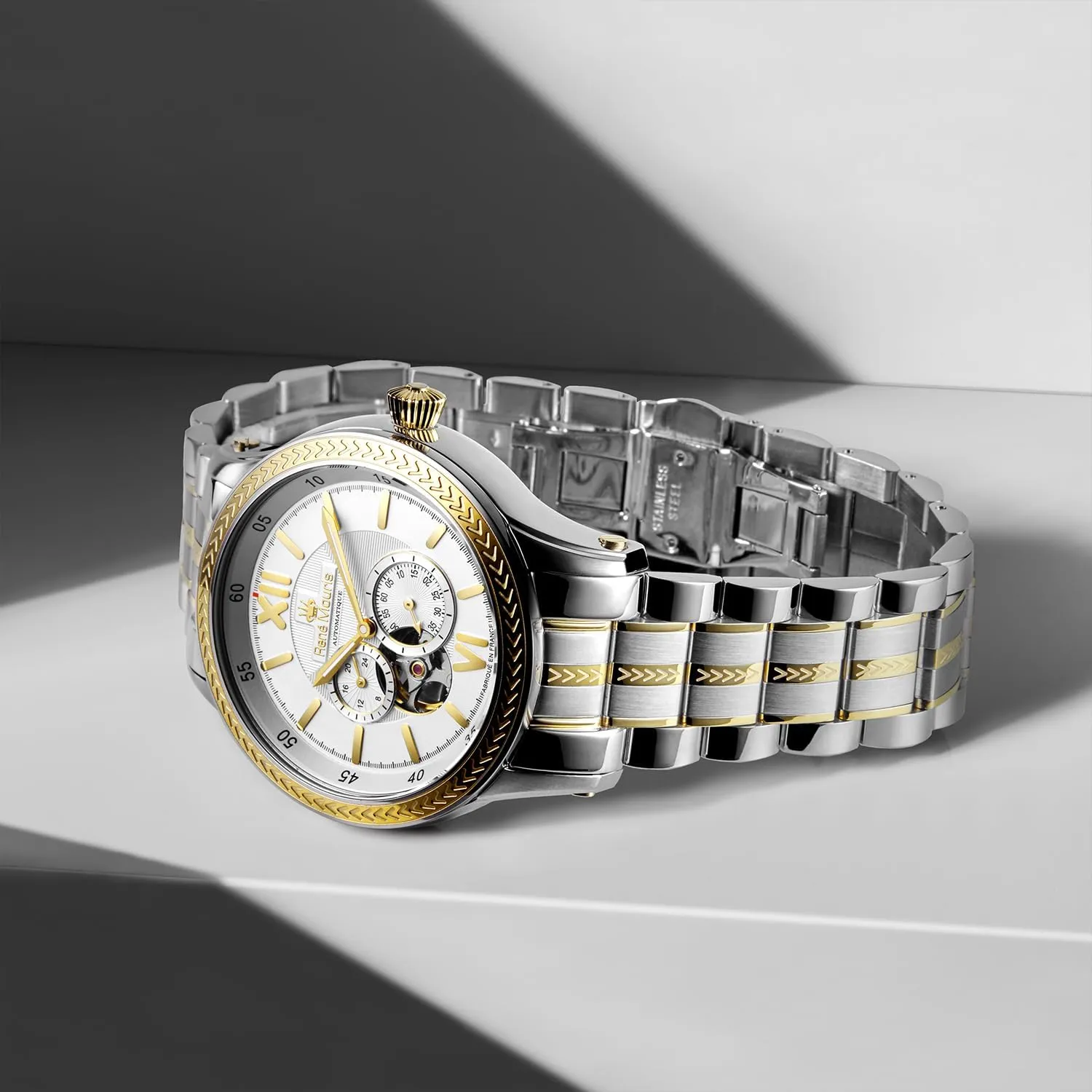 Stainless Steel Band. Ren�� Mouris Corona Automatic Watches for external lunch tranquil bison gist Men - 44MM 316L Stainless Steel Semi Skeleton Watch - Sapphire Coated Mineral Crystal - 100M Waterproof Wrist Watches with 316L 