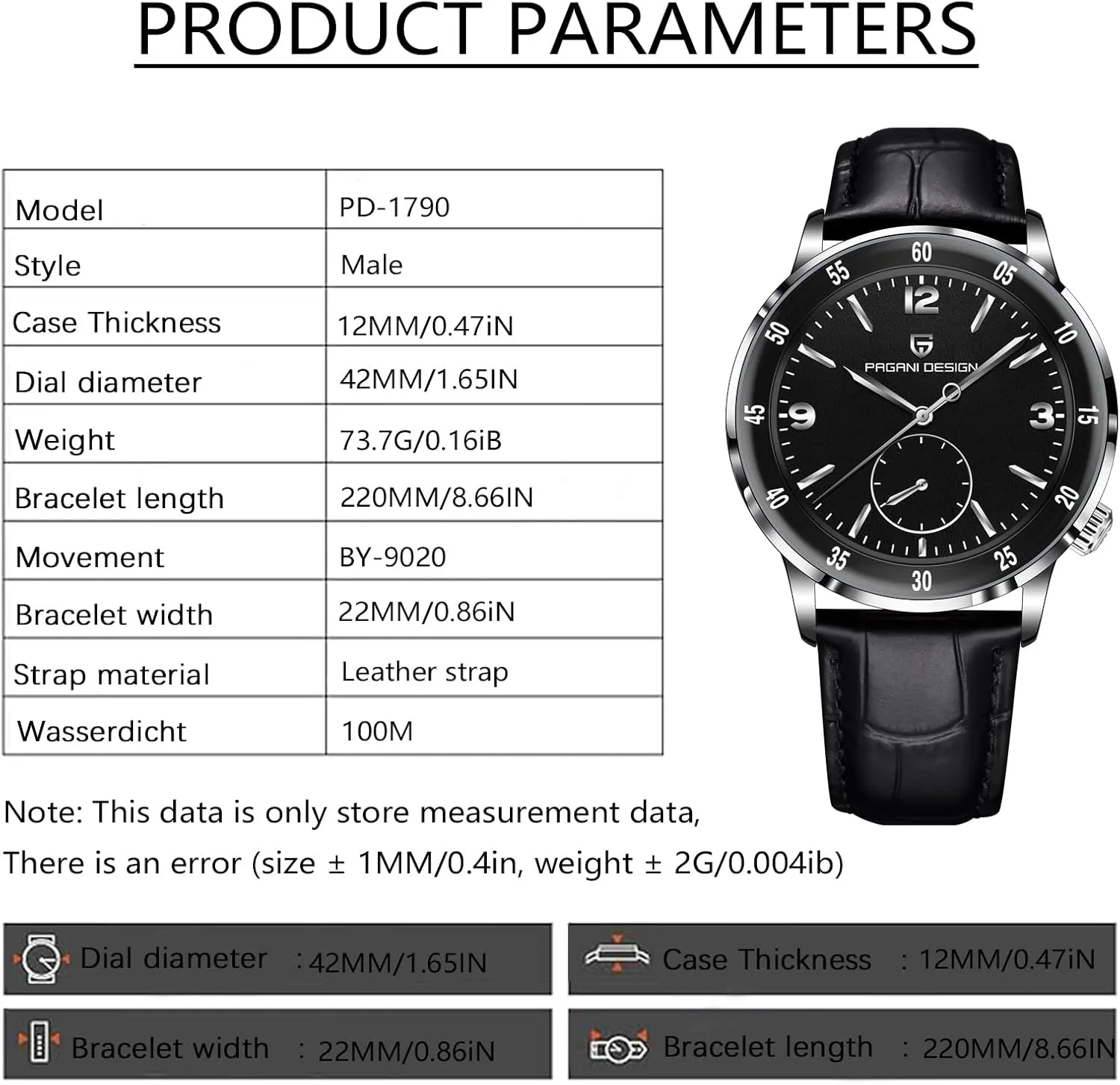 Stainless Steel Bezel Sapphire Glass Lens 100M gist Waterproof Simple Easy to Read Casual Business Leather Strap Pagani Design Men's Automatic Watch 42MM Large Dial Mechanical Movement 