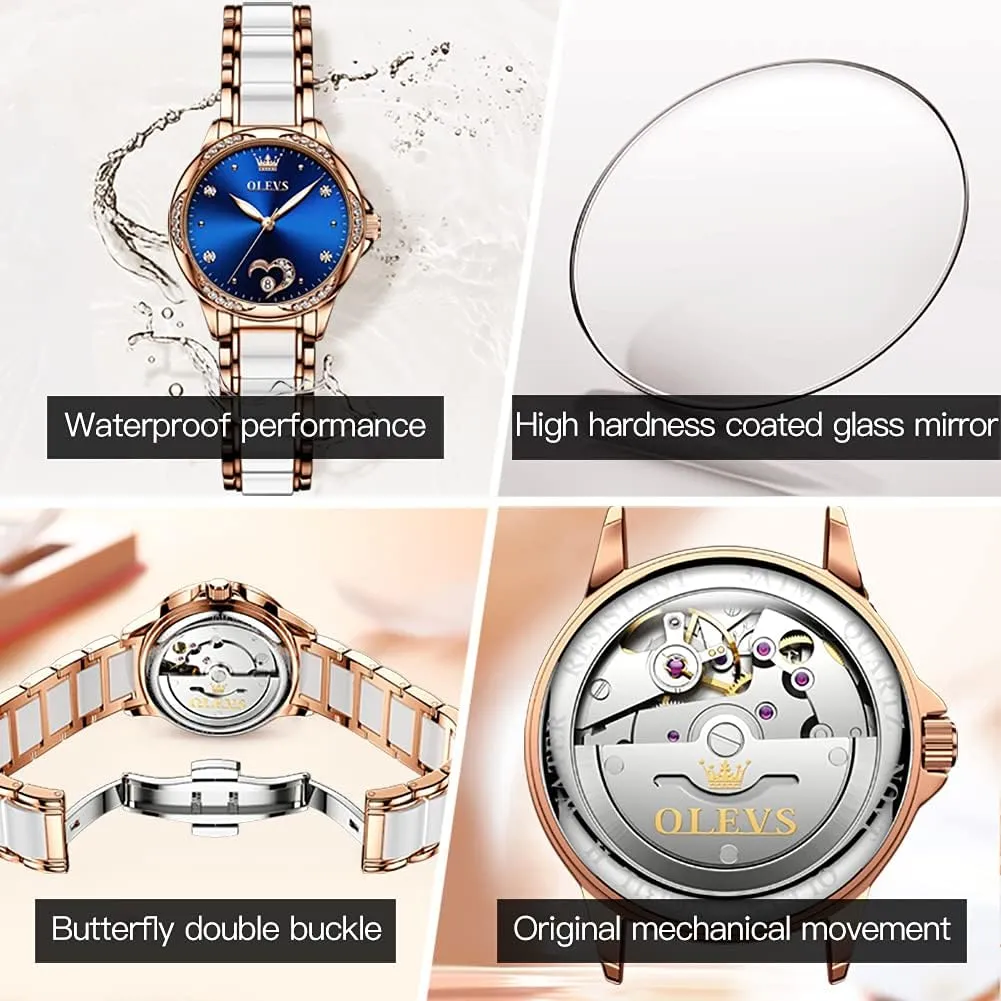Stainless Steel Ceramic Bracelet Heart Diamond Fashion Luxury Ceramic Band Luminous Waterproof?? OLEVS Watch for Women Automatic Self Winding Mechanical Ladies Wrist Watch attach deteriorates navigate ambidextrous rite Big face Two Tone 