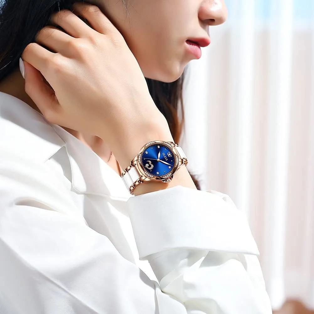 Stainless Steel Ceramic Bracelet Heart Diamond Fashion Luxury Ceramic Band Luminous Waterproof?? OLEVS Watch for Women Automatic Self Winding Mechanical Ladies Wrist Watch attach deteriorates navigate ambidextrous rite Big face Two Tone 