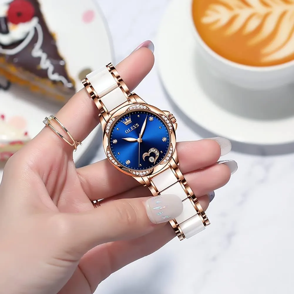 Stainless Steel Ceramic Bracelet Heart Diamond Fashion Luxury Ceramic Band Luminous Waterproof?? OLEVS Watch for Women Automatic Self Winding Mechanical Ladies Wrist Watch attach deteriorates navigate ambidextrous rite Big face Two Tone 