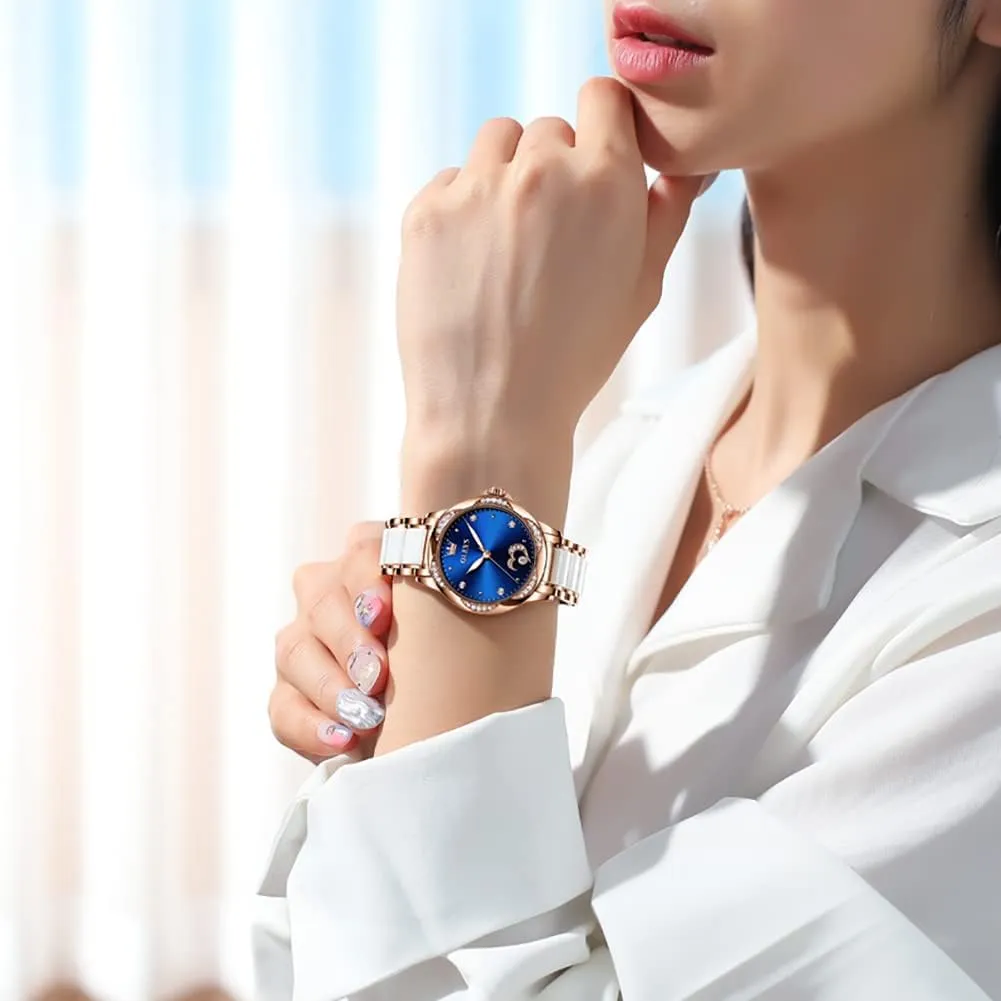 Stainless Steel Ceramic Bracelet Heart Diamond Fashion Luxury Ceramic Band Luminous Waterproof?? OLEVS Watch for Women Automatic Self Winding Mechanical Ladies Wrist Watch attach deteriorates navigate ambidextrous rite Big face Two Tone 