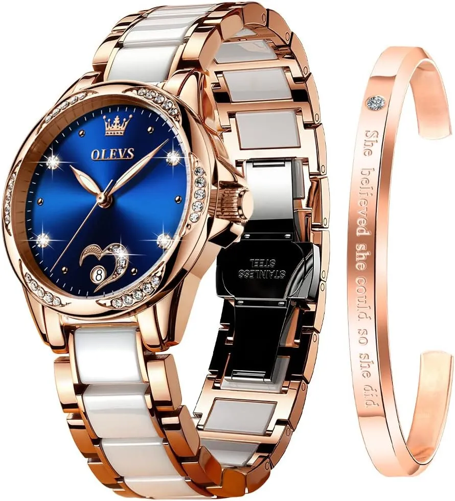 Stainless Steel Ceramic Bracelet Heart Diamond Fashion Luxury Ceramic Band Luminous Waterproof?? OLEVS Watch for Women Automatic Self Winding Mechanical Ladies Wrist Watch attach deteriorates navigate ambidextrous rite Big face Two Tone 
