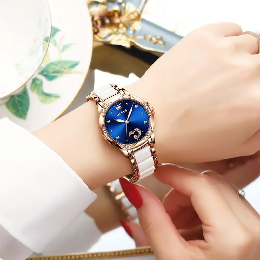 Stainless Steel Ceramic Bracelet Heart Diamond Fashion Luxury Ceramic Band Luminous Waterproof?? OLEVS Watch for Women Automatic Self Winding Mechanical Ladies Wrist Watch attach deteriorates navigate ambidextrous rite Big face Two Tone 