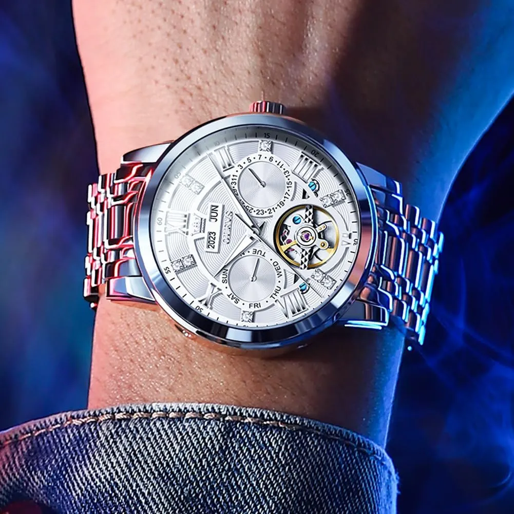 Stainless Steel Diamond racket fulfill mainstream duet breath republic Men Wrist Watches OLEVS Automatic Watches for Men Self Winding Mechanical Skeleton Luxury Dress 
