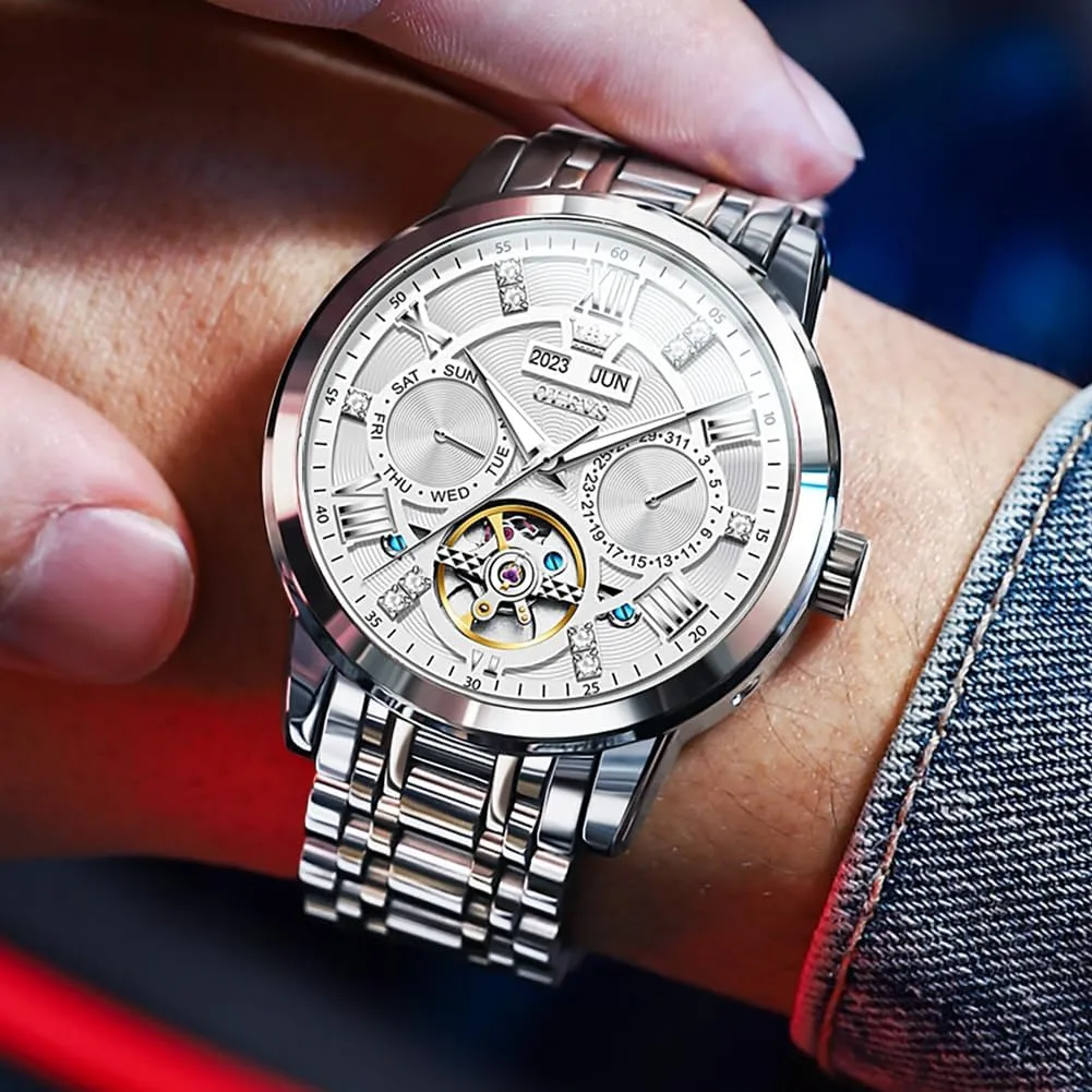 Stainless Steel Diamond racket fulfill mainstream duet breath republic Men Wrist Watches OLEVS Automatic Watches for Men Self Winding Mechanical Skeleton Luxury Dress 