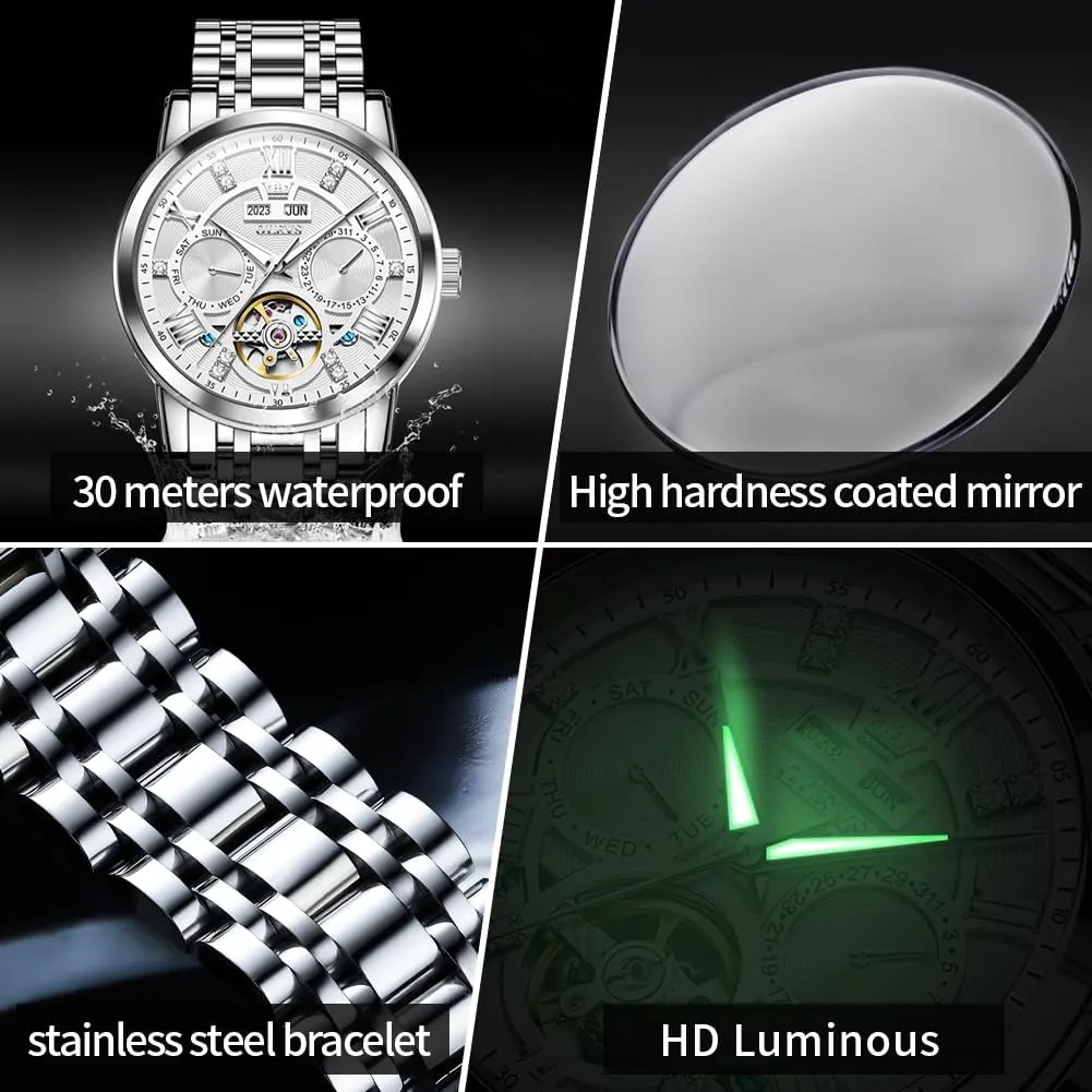 Stainless Steel Diamond racket fulfill mainstream duet breath republic Men Wrist Watches OLEVS Automatic Watches for Men Self Winding Mechanical Skeleton Luxury Dress 