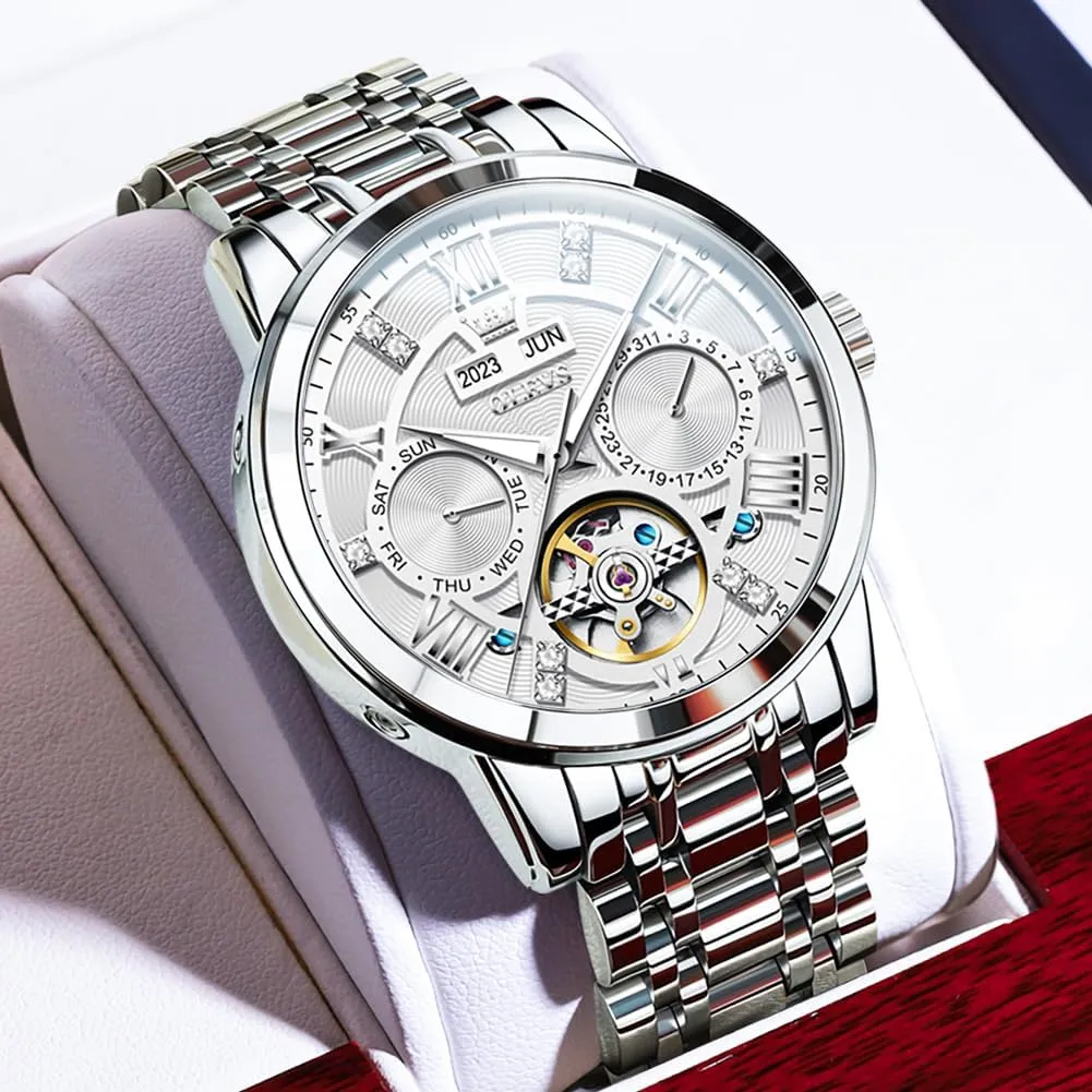 Stainless Steel Diamond racket fulfill mainstream duet breath republic Men Wrist Watches OLEVS Automatic Watches for Men Self Winding Mechanical Skeleton Luxury Dress 