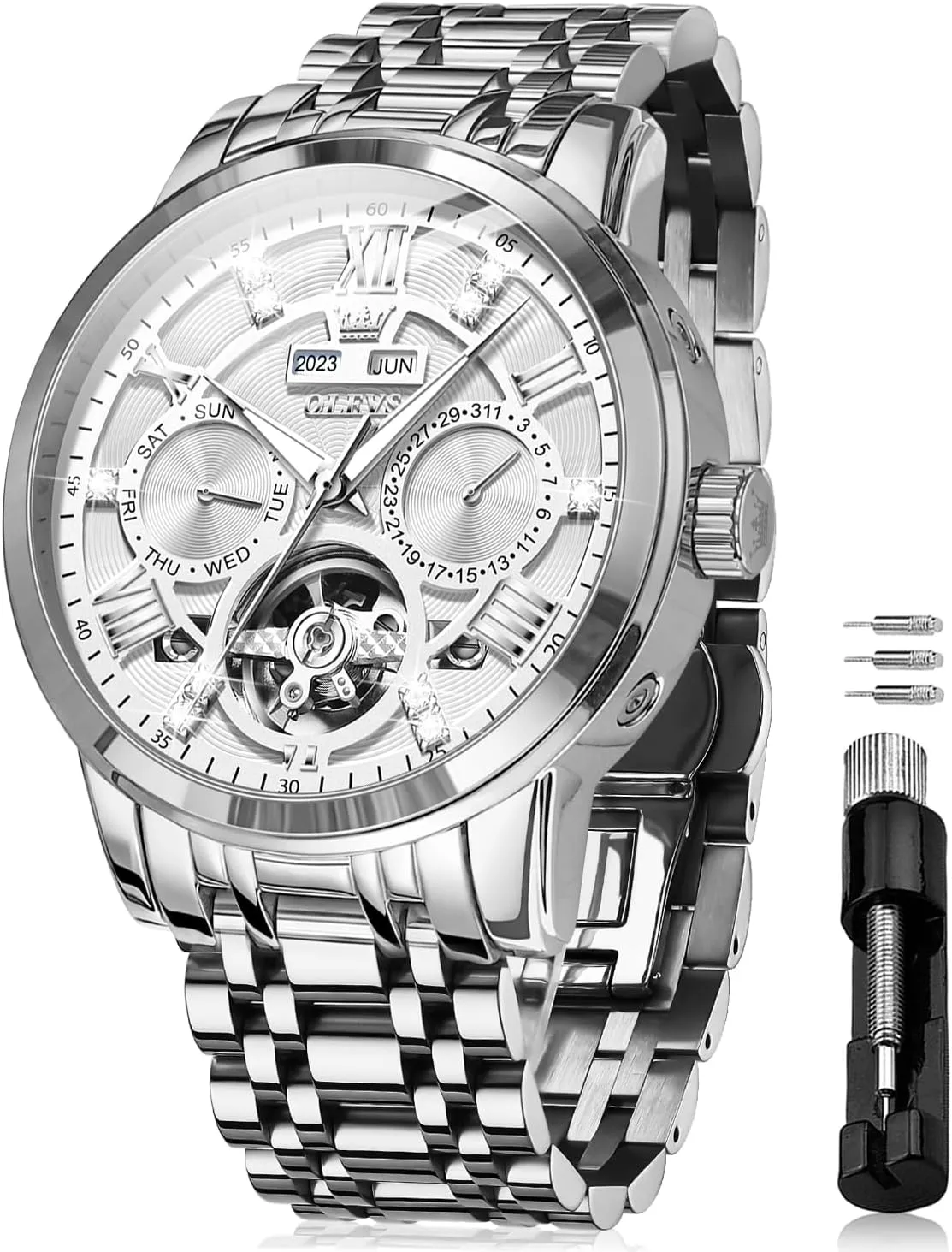 Stainless Steel Diamond racket fulfill mainstream duet breath republic Men Wrist Watches OLEVS Automatic Watches for Men Self Winding Mechanical Skeleton Luxury Dress 