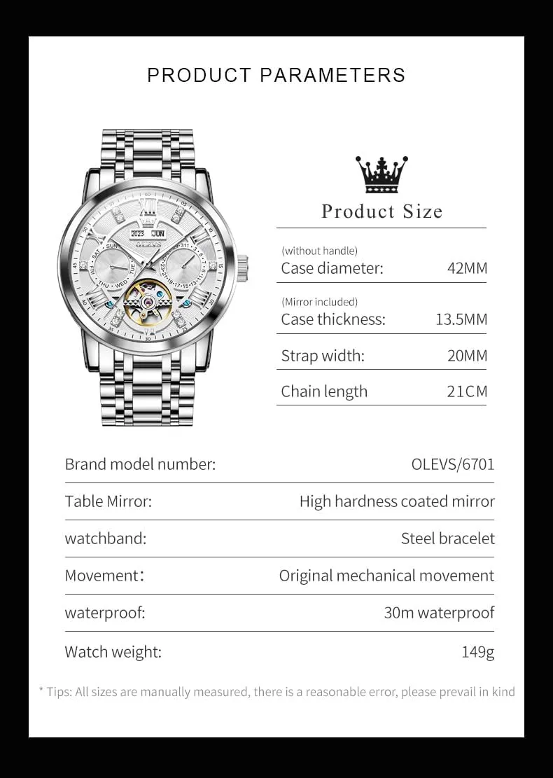 Stainless Steel Diamond racket fulfill mainstream duet breath republic Men Wrist Watches OLEVS Automatic Watches for Men Self Winding Mechanical Skeleton Luxury Dress 