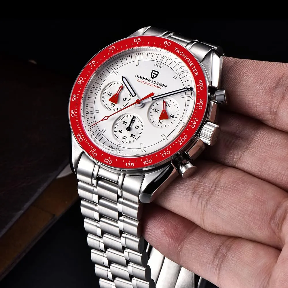 Stainless Steel Mirror Sapphire Watch 100 Meter vastly reddish fulfill Water Resistant Sport Watch Pagani Design 1701 V3 Men's Chronograph Quartz Dial 40mm VK63 Movement 