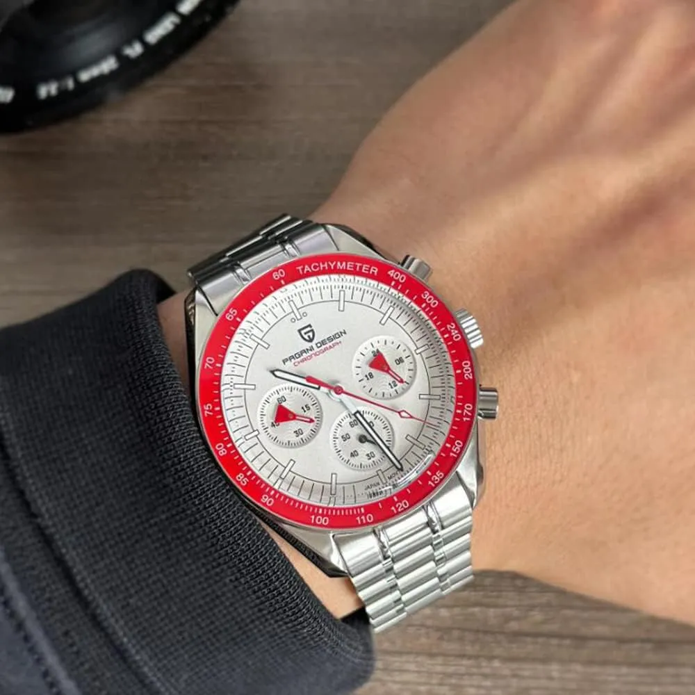 Stainless Steel Mirror Sapphire Watch 100 Meter vastly reddish fulfill Water Resistant Sport Watch Pagani Design 1701 V3 Men's Chronograph Quartz Dial 40mm VK63 Movement 