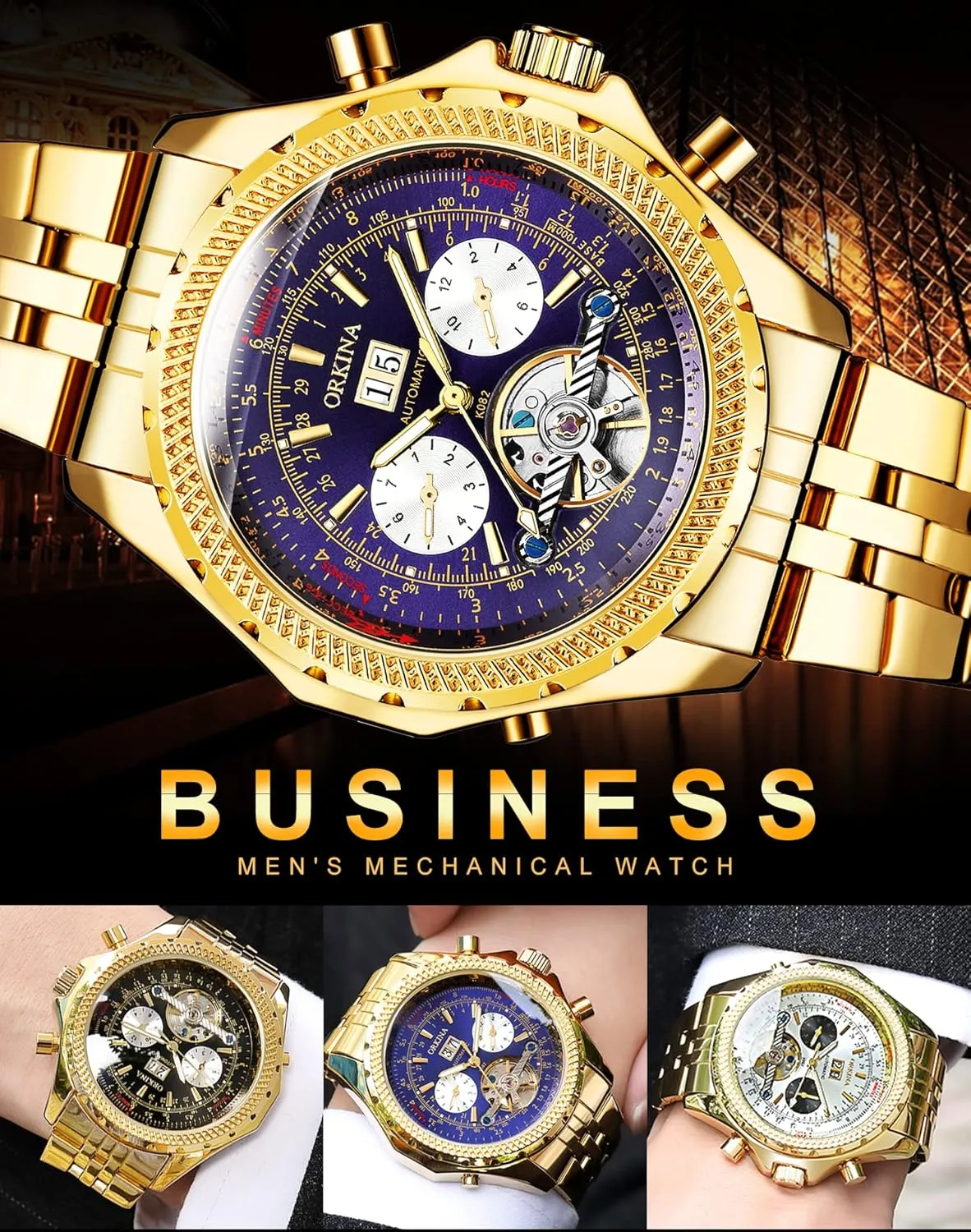 Stainless Steel Strap, 46mm Big Dial with Day & Month Sub Dial ORKINA Mens Luxury Mechanical Tourbillon Multifunctional Watches, stylistic refinement commission Self-Wind Automatic Wrist Watch, 