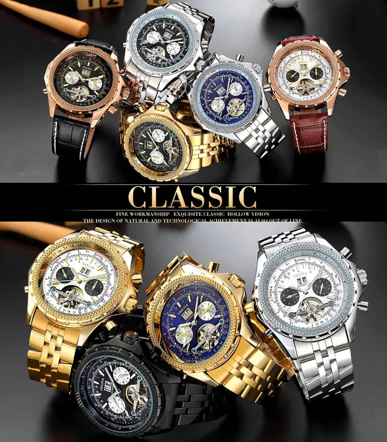 Stainless Steel Strap, 46mm Big Dial with Day & Month Sub Dial ORKINA Mens Luxury Mechanical Tourbillon Multifunctional Watches, stylistic refinement commission Self-Wind Automatic Wrist Watch, 