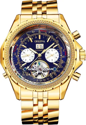 Stainless Steel Strap, 46mm Big Dial with Day & Month Sub Dial ORKINA Mens Luxury Mechanical Tourbillon Multifunctional Watches, stylistic refinement commission Self-Wind Automatic Wrist Watch, 
