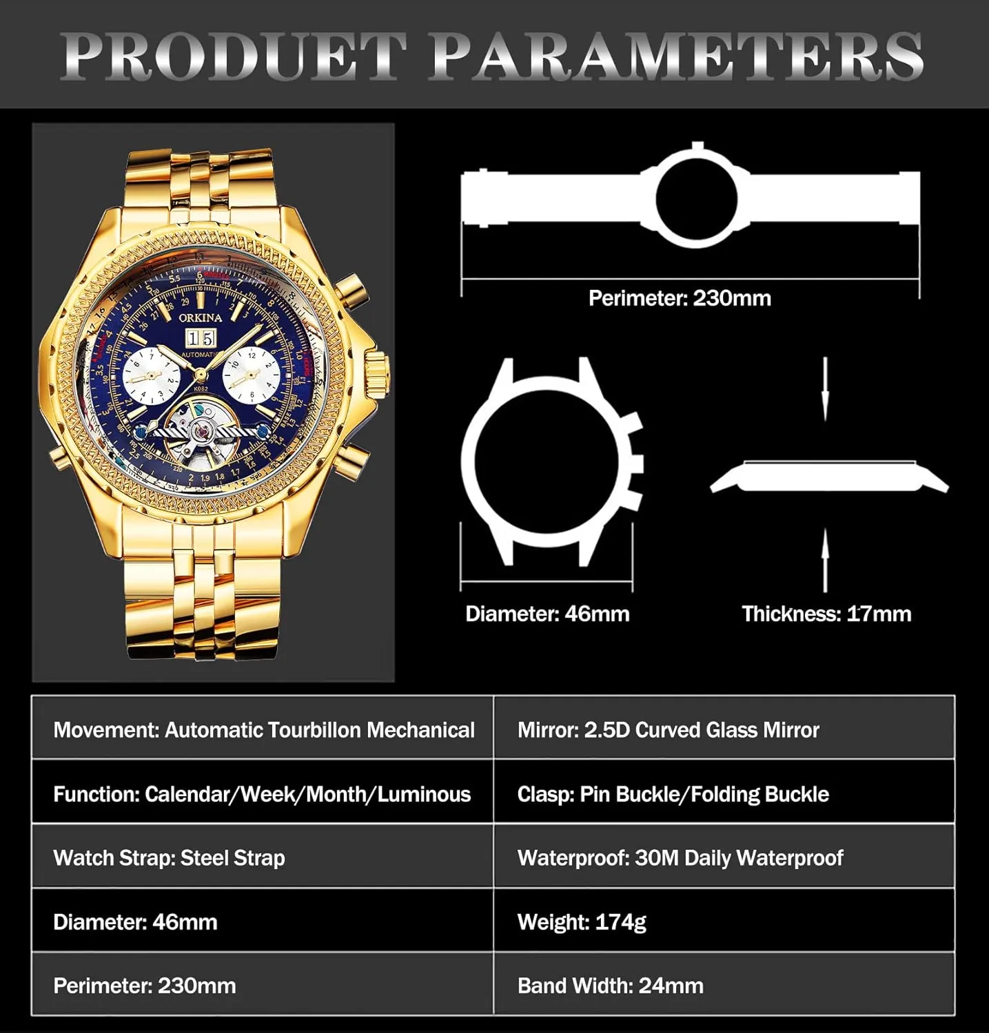 Stainless Steel Strap, 46mm Big Dial with Day & Month Sub Dial ORKINA Mens Luxury Mechanical Tourbillon Multifunctional Watches, stylistic refinement commission Self-Wind Automatic Wrist Watch, 