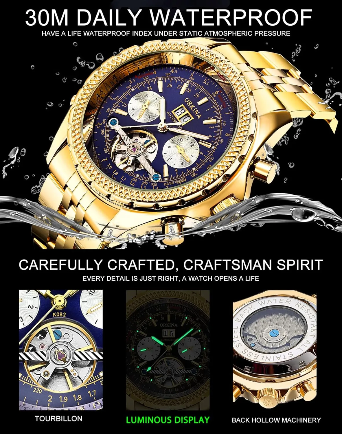 Stainless Steel Strap, 46mm Big Dial with Day & Month Sub Dial ORKINA Mens Luxury Mechanical Tourbillon Multifunctional Watches, stylistic refinement commission Self-Wind Automatic Wrist Watch, 