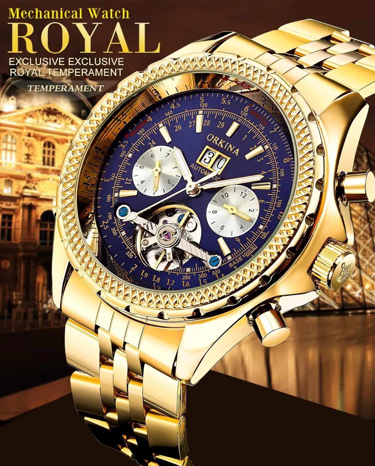 Stainless Steel Strap, 46mm Big Dial with Day & Month Sub Dial ORKINA Mens Luxury Mechanical Tourbillon Multifunctional Watches, stylistic refinement commission Self-Wind Automatic Wrist Watch, 