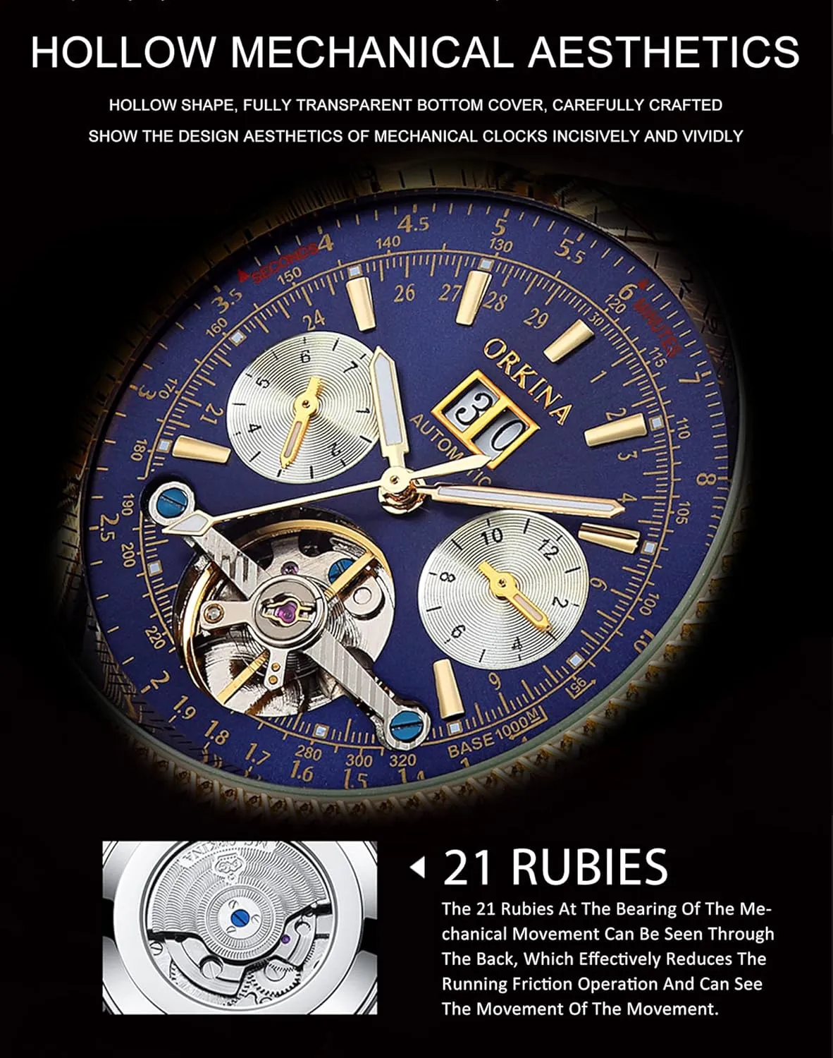 Stainless Steel Strap, 46mm Big Dial with Day & Month Sub Dial ORKINA Mens Luxury Mechanical Tourbillon Multifunctional Watches, stylistic refinement commission Self-Wind Automatic Wrist Watch, 