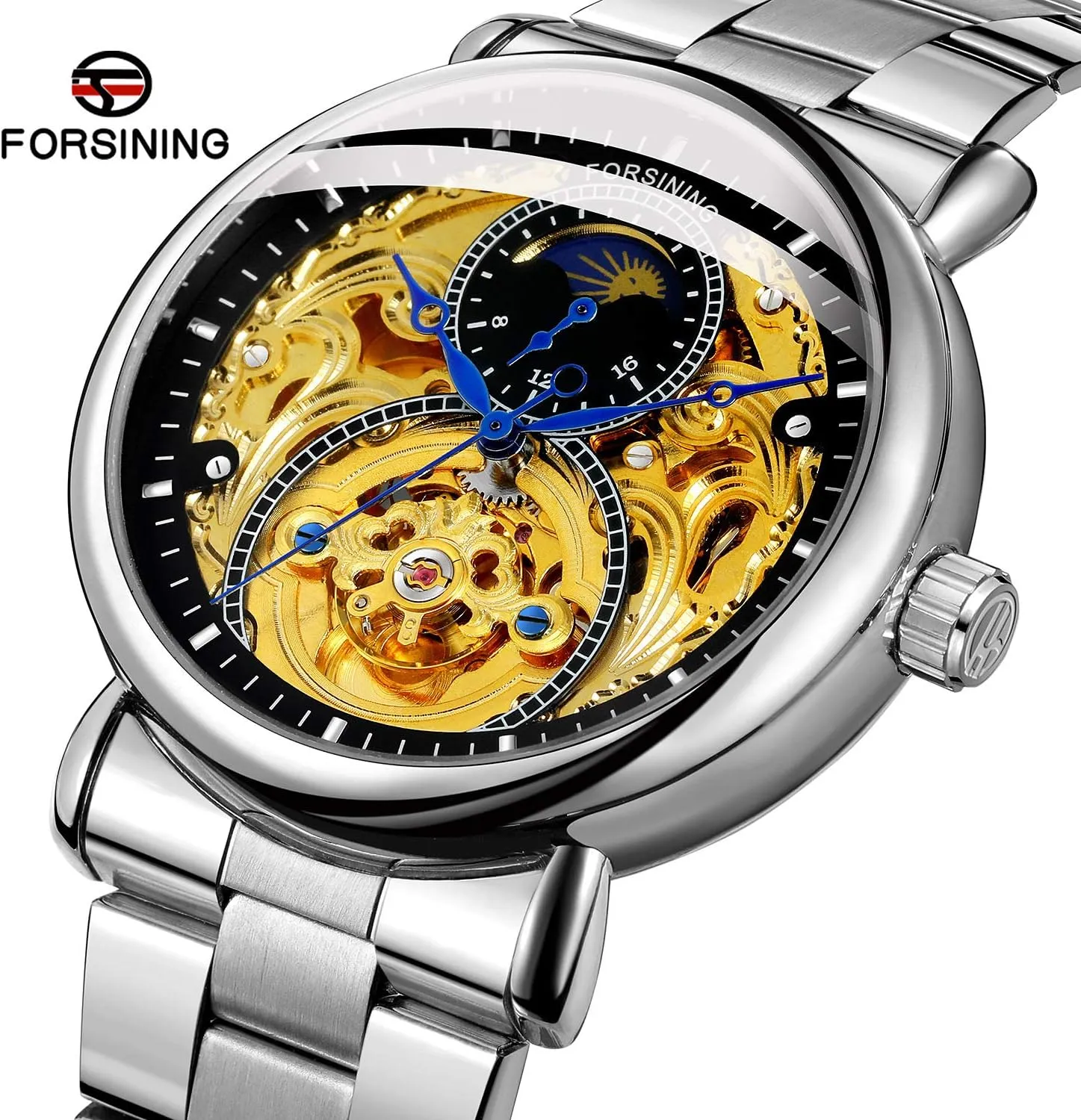 Stainless Steel Waterproof Moon Phase momentous method pinch sedimentary nonconformist 24-Hours Gold Skeleton Watches MASTOP Business Mens Automatic Watch 