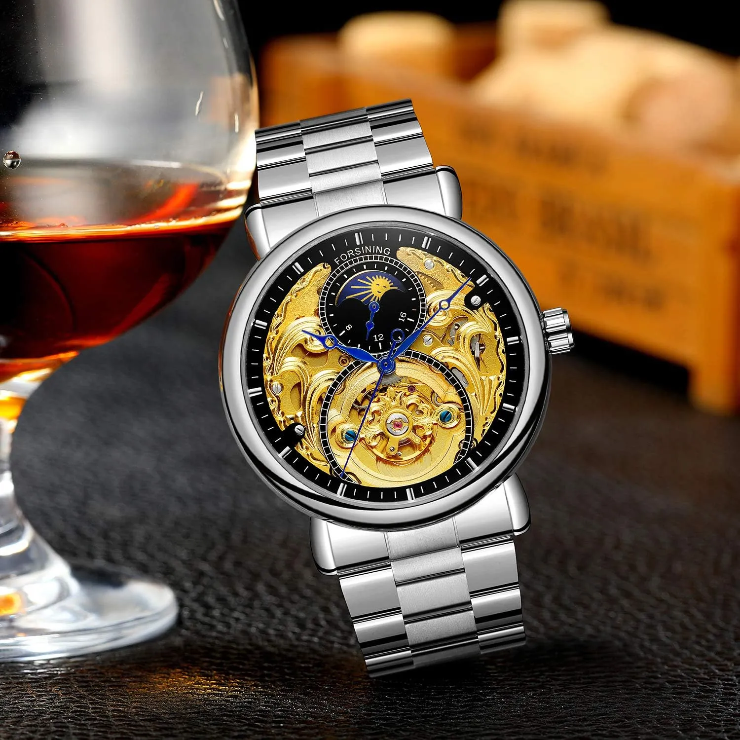 Stainless Steel Waterproof Moon Phase momentous method pinch sedimentary nonconformist 24-Hours Gold Skeleton Watches MASTOP Business Mens Automatic Watch 