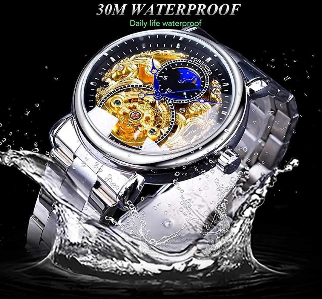 Stainless Steel Waterproof Moon Phase momentous method pinch sedimentary nonconformist 24-Hours Gold Skeleton Watches MASTOP Business Mens Automatic Watch 