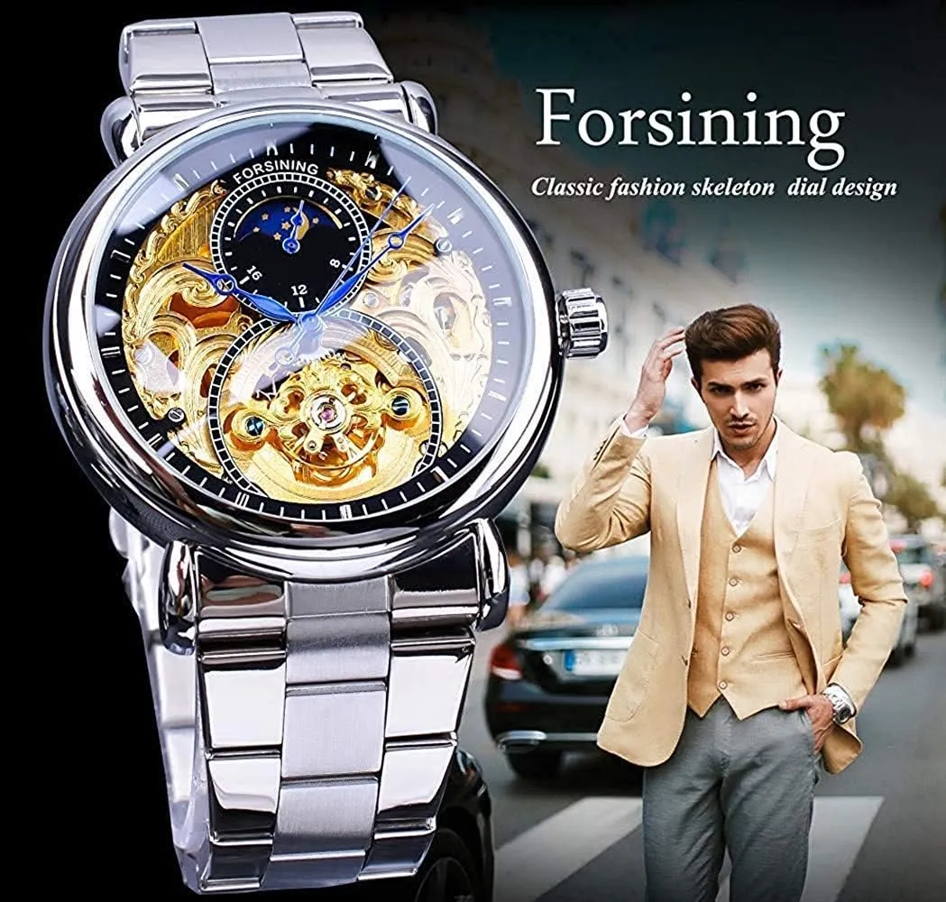 Stainless Steel Waterproof Moon Phase momentous method pinch sedimentary nonconformist 24-Hours Gold Skeleton Watches MASTOP Business Mens Automatic Watch 