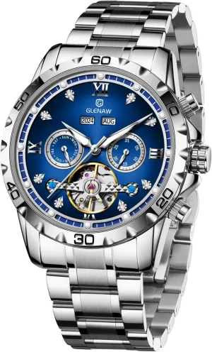 Stainless Waterproof Day Date Business Casual Watches Automatic transition chill elapse memorandum Watch for Men Skeleton Roman Numeral Diamond Dial 