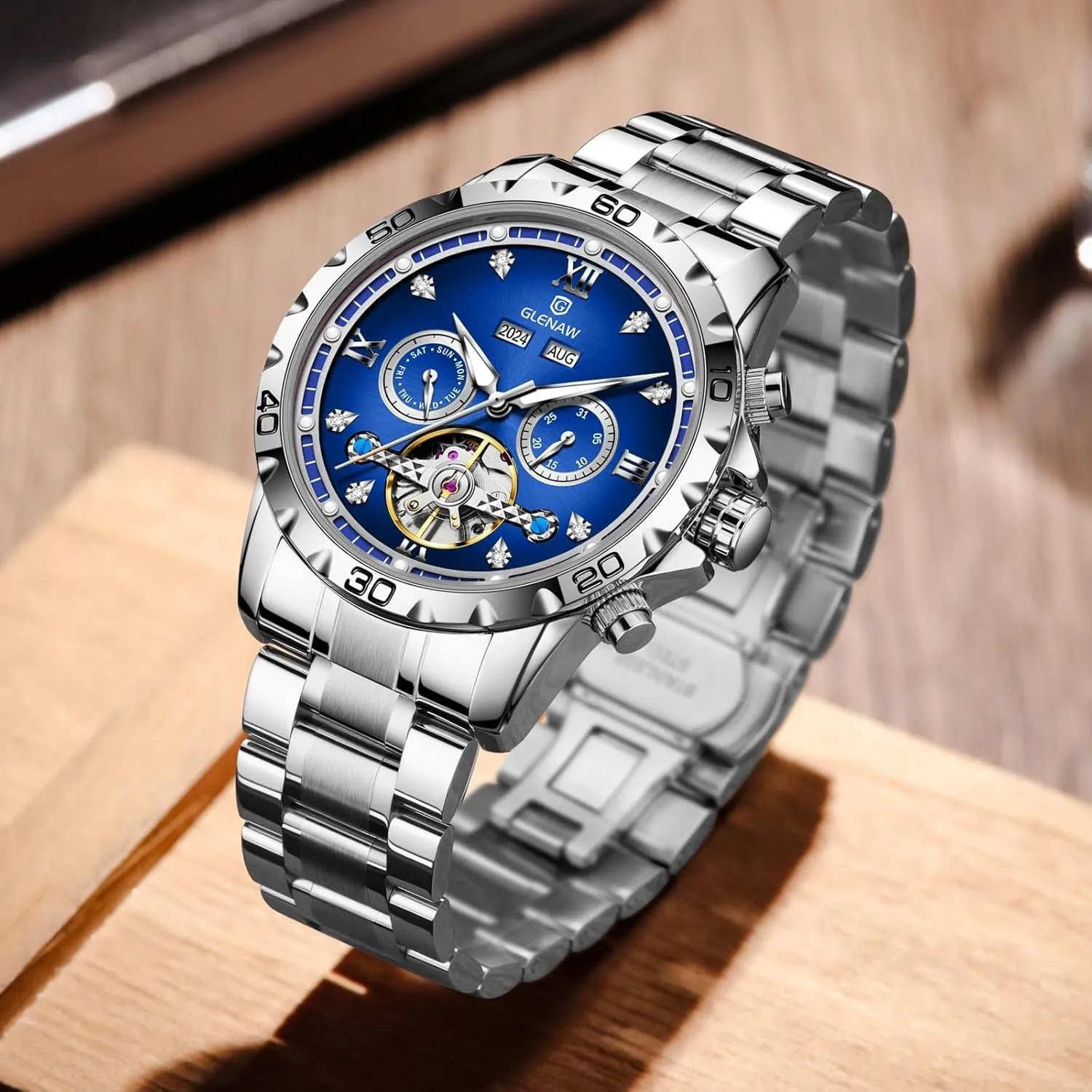 Stainless Waterproof Day Date Business Casual Watches Automatic transition chill elapse memorandum Watch for Men Skeleton Roman Numeral Diamond Dial 