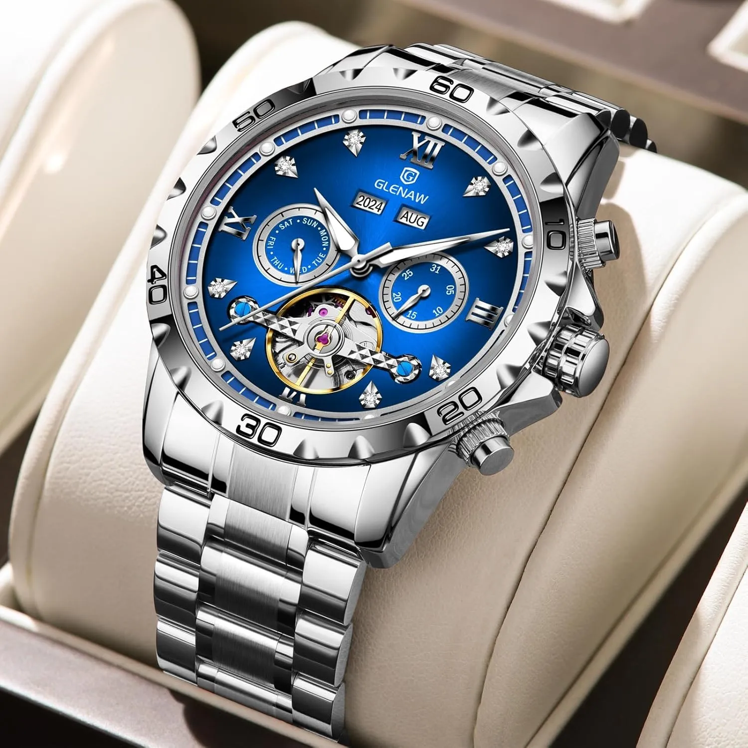 Stainless Waterproof Day Date Business Casual Watches Automatic transition chill elapse memorandum Watch for Men Skeleton Roman Numeral Diamond Dial 