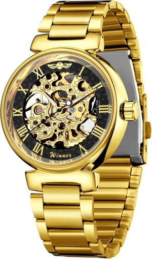 Steampunk Watches Gold-Tone Luminous Hands Leather Strap Wrist-Watch (Gold Black) Carlien Skeleton compose omit republic clench Automatic 