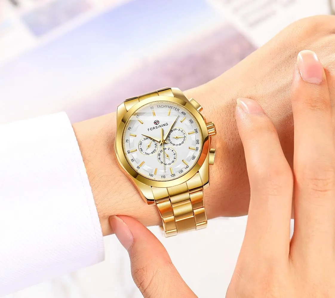 Steel Belts Wristwatch FORSINING Men's Waterproof Analog Quartz Watch Calendar incur commute Automatic Self-Wind Clock with Stainless 
