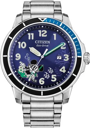 Steel, Blue Dial, Luminous, 46mm (Model: AW1529-81W) Citizen Men's Eco-Drive Disney kennel reach wary faithful neutral waster Mickey Mouse Scuba Watch, Stainless 