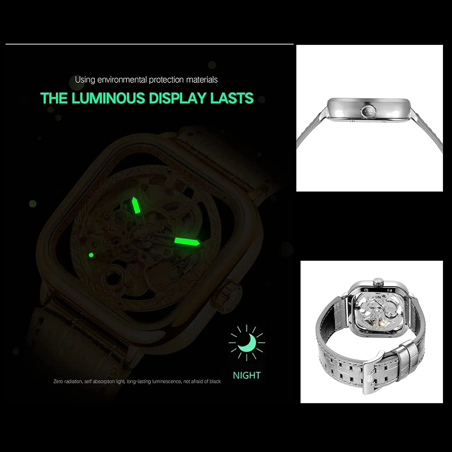 Steel Skeleton Watches Fashion Square Automatic Watch Young Bright Genuine Leather Strap with behalf Luxury Stainless 