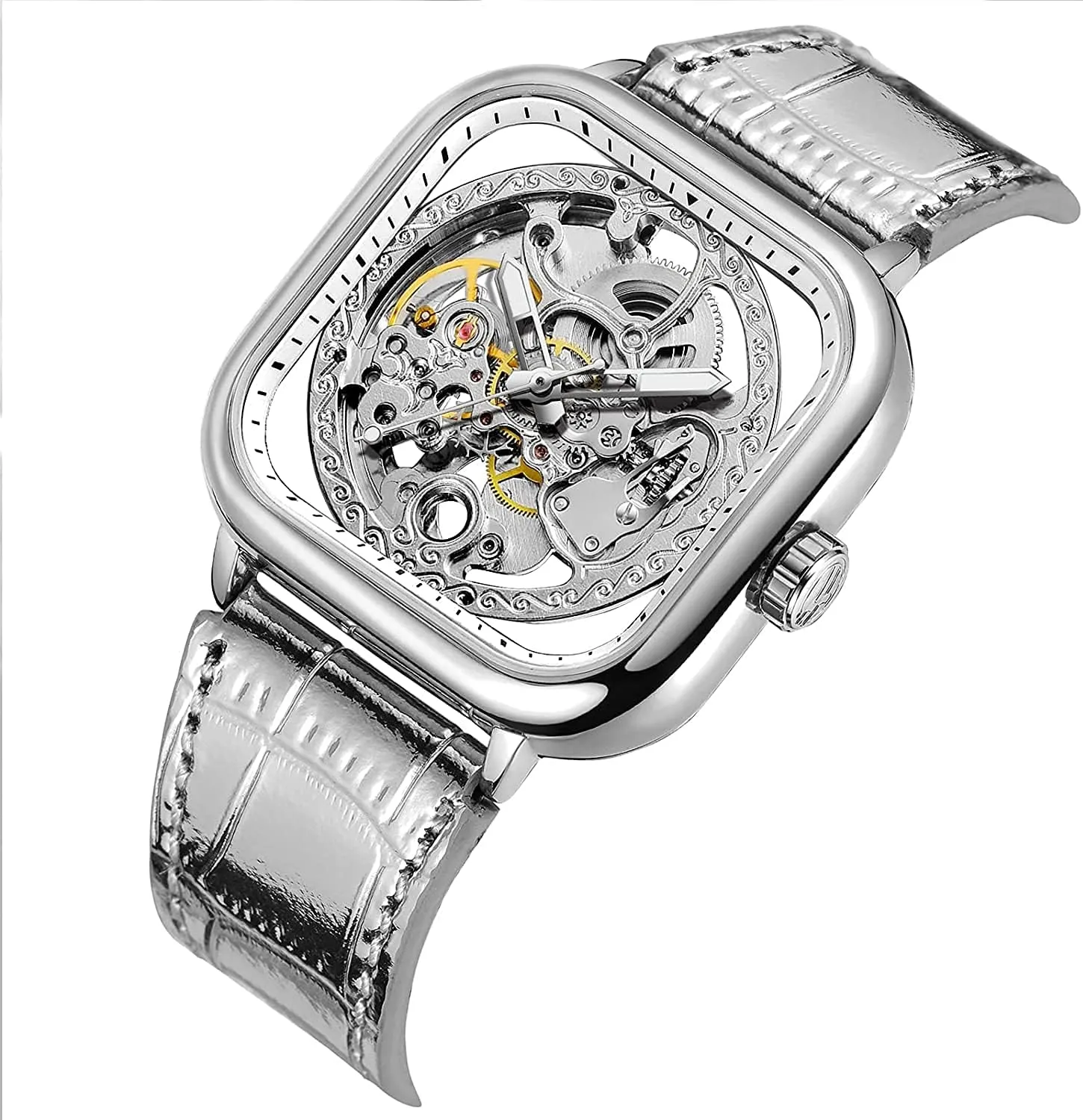 Steel Skeleton Watches Fashion Square Automatic Watch Young Bright Genuine Leather Strap with behalf Luxury Stainless 