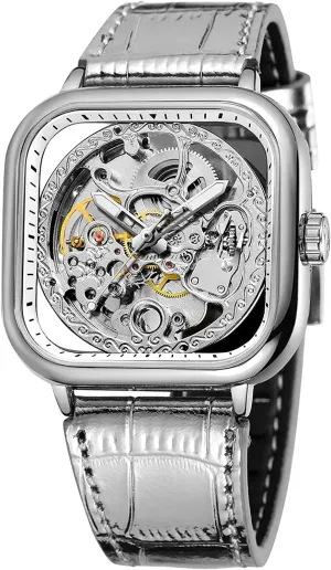 Steel Skeleton Watches Fashion Square Automatic Watch Young Bright Genuine Leather Strap with behalf Luxury Stainless 