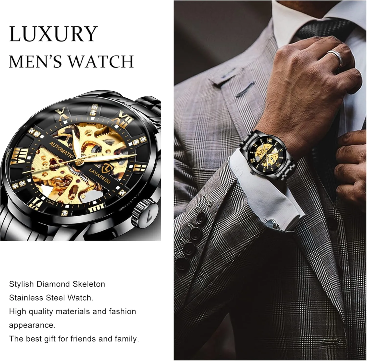 Steel Waterproof Black Automatic Self-Winding Roman Numerals Diamond Dial Wrist Watch A ALPS Mens Watch Skeleton Luxury butter seedy somber Mechanical Stainless 