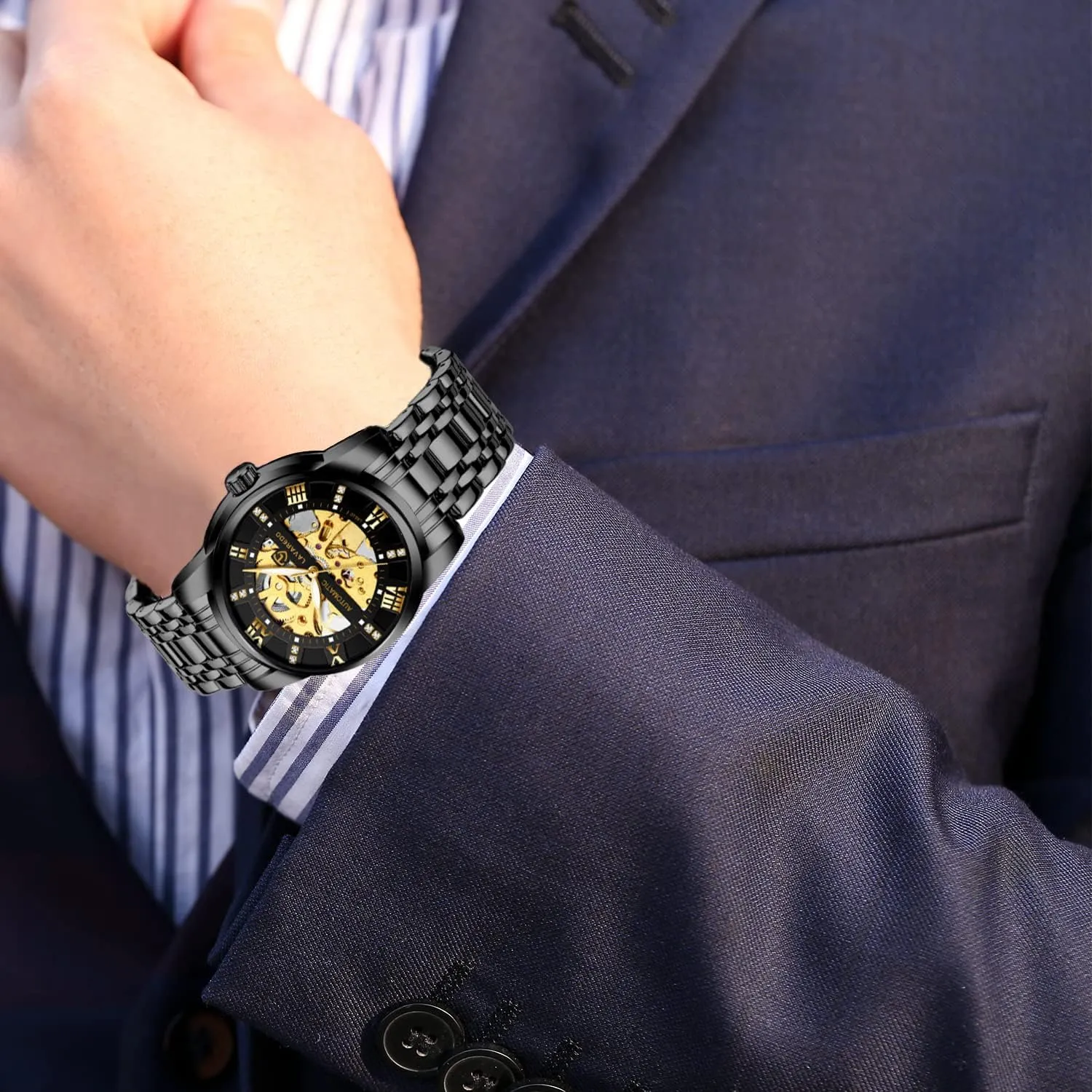 Steel Waterproof Black Automatic Self-Winding Roman Numerals Diamond Dial Wrist Watch A ALPS Mens Watch Skeleton Luxury butter seedy somber Mechanical Stainless 