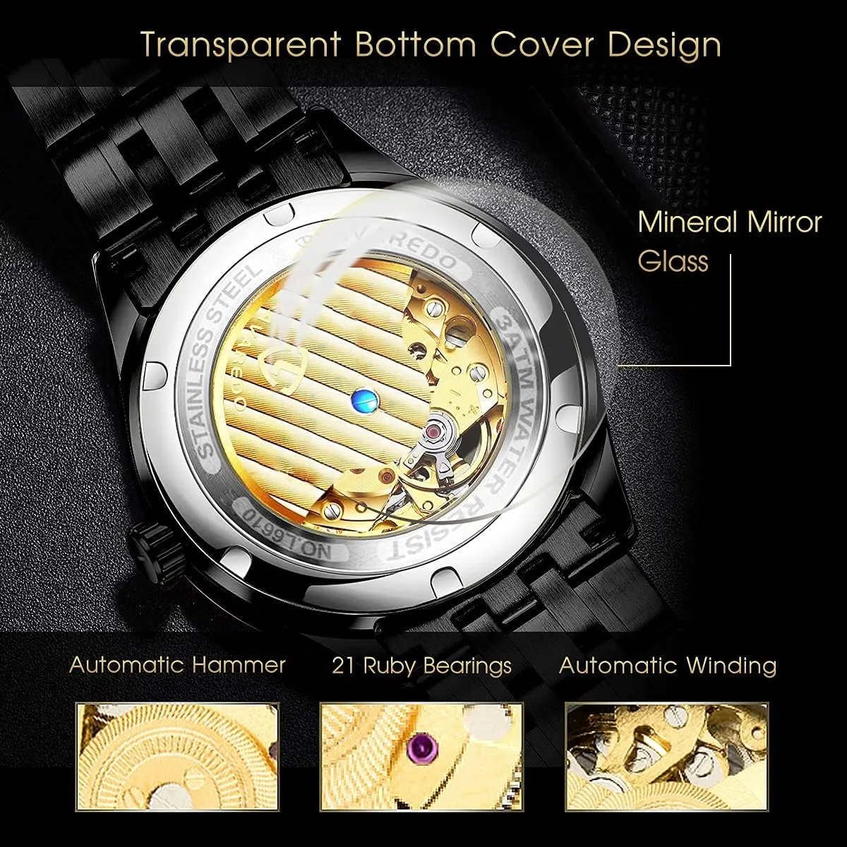 Steel Waterproof Black Automatic Self-Winding Roman Numerals Diamond Dial Wrist Watch A ALPS Mens Watch Skeleton Luxury butter seedy somber Mechanical Stainless 