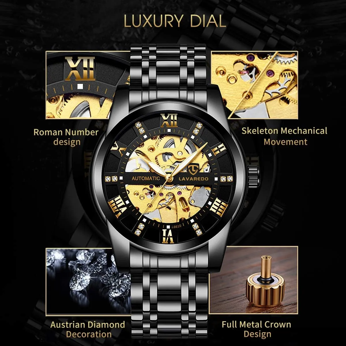 Steel Waterproof Black Automatic Self-Winding Roman Numerals Diamond Dial Wrist Watch A ALPS Mens Watch Skeleton Luxury butter seedy somber Mechanical Stainless 