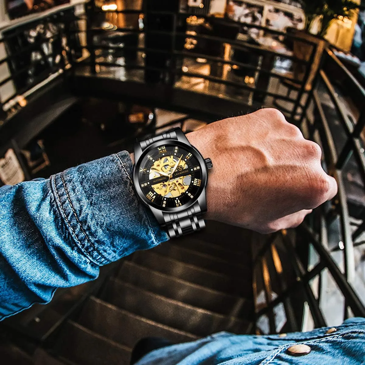 Steel Waterproof Black Automatic Self-Winding Roman Numerals Diamond Dial Wrist Watch A ALPS Mens Watch Skeleton Luxury butter seedy somber Mechanical Stainless 