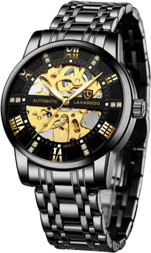 Steel Waterproof Black Automatic Self-Winding Roman Numerals Diamond Dial Wrist Watch A ALPS Mens Watch Skeleton Luxury butter seedy somber Mechanical Stainless 