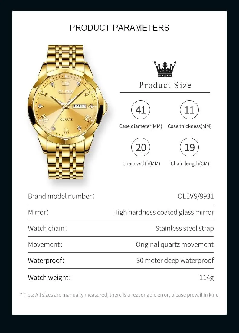 Steel Waterproof Luminous Date Business Casual Wrist Watch OLEVS Watch for sheath Men Women Large Face Unisex Diamond Luxury Dress Analog Quartz Stainless 