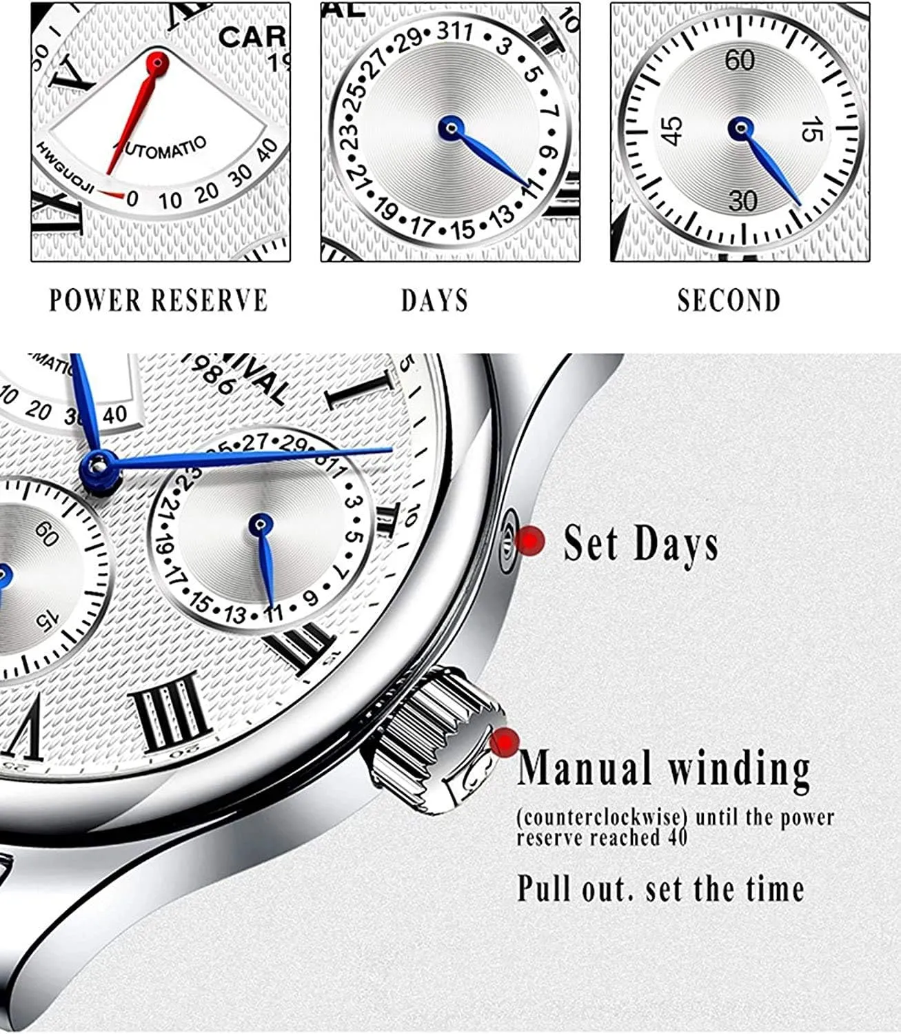 Steel Waterproof Power Reserve Business glaciate mechanic seize claim overcast indict Analog Watch MASTOPMen's Multifunction Automatic Self-Wind Mechanical Watch Stainless 