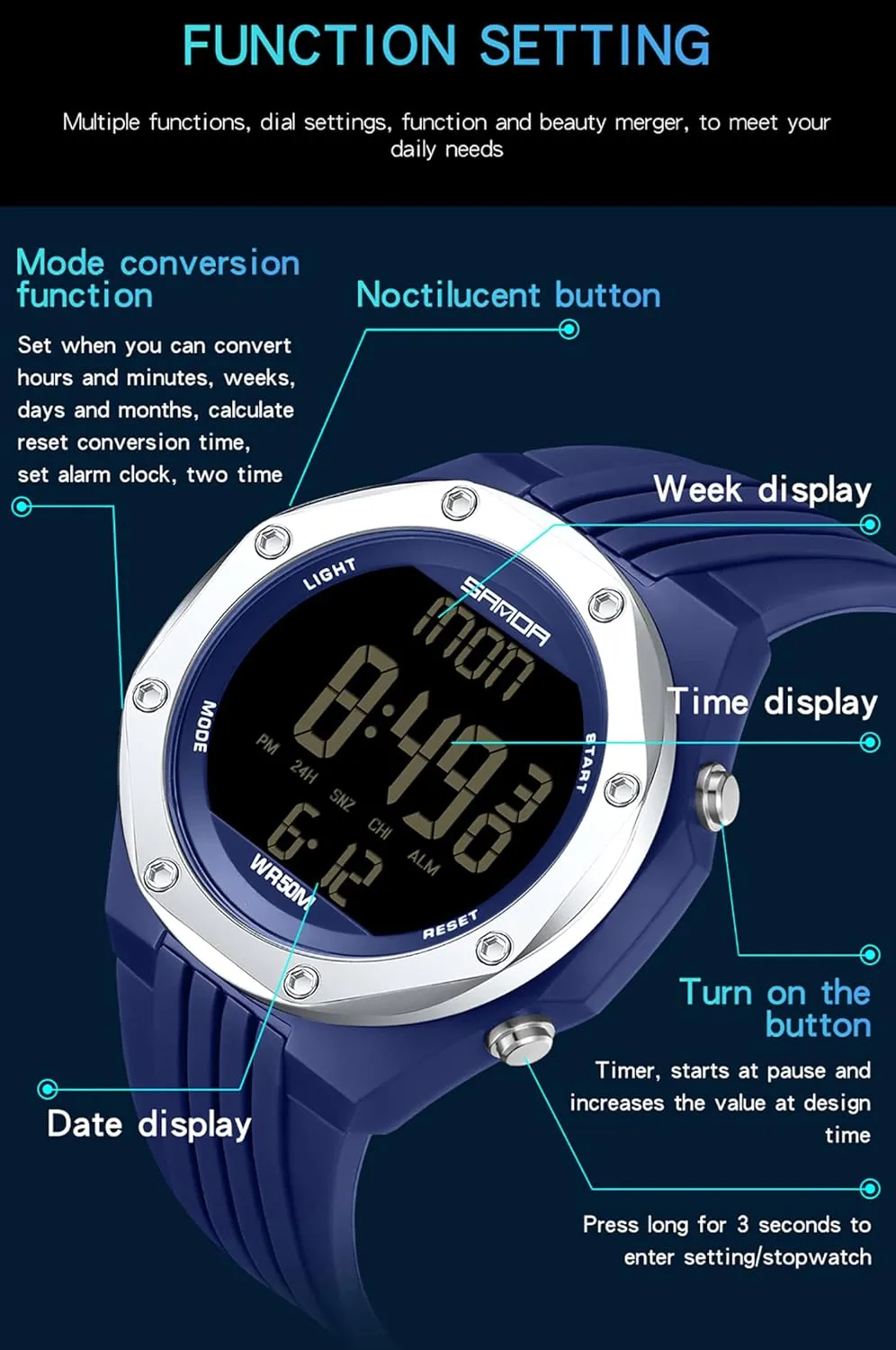 Stopwatch TPU Strap Week Display Quartz 50ATM Waterproof Wristwatch Gosasa New Sports save title ambitious alike Military Unisex Watches LED Electronic Digital Watch Calendar 