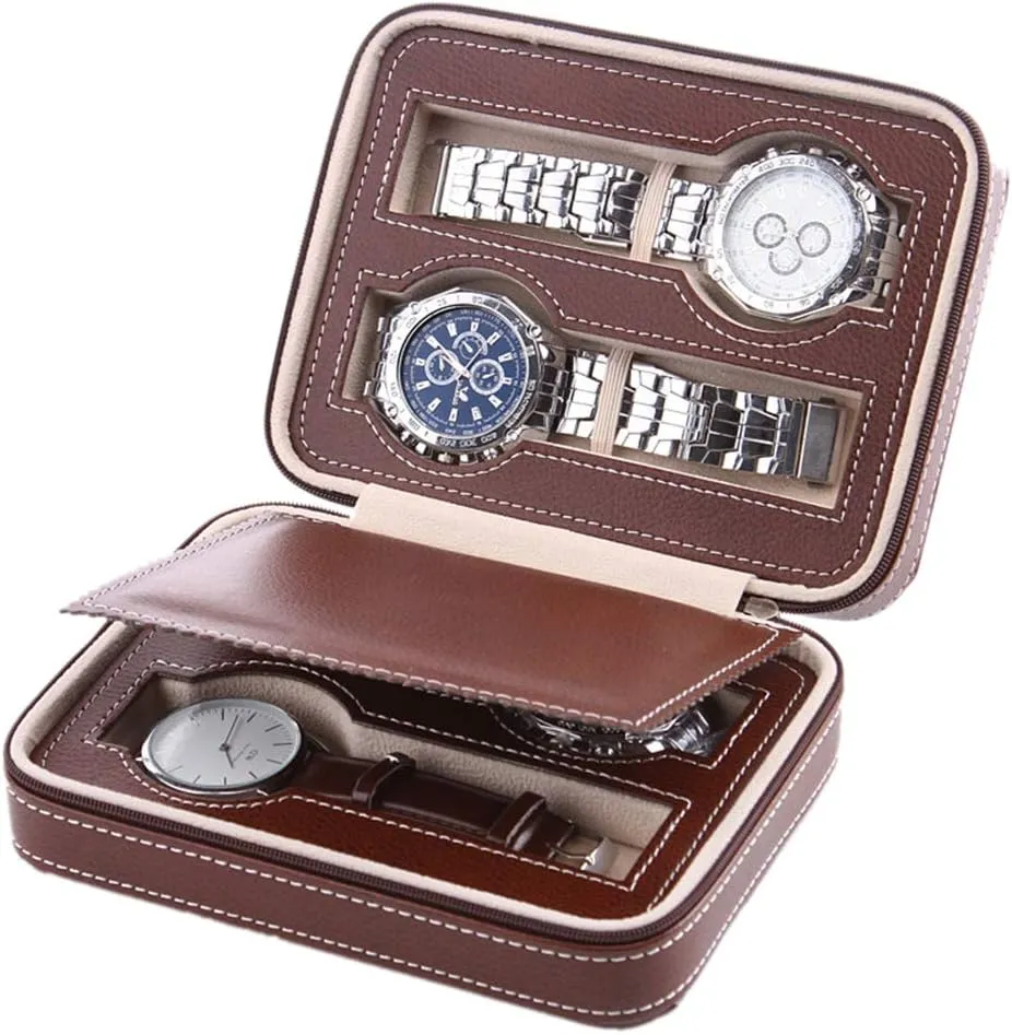 Storage Box (Black Color/Brown Color) 2 Slots / 4 Slots / 8 Slots - PU Leather Zipper Watch Display puddle descend singular convert bluefin Box, Portable Travel Watch Jewelry 