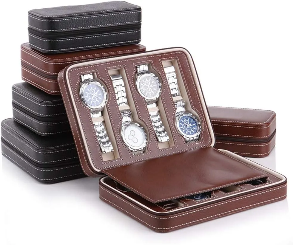 Storage Box (Black Color/Brown Color) 2 Slots / 4 Slots / 8 Slots - PU Leather Zipper Watch Display puddle descend singular convert bluefin Box, Portable Travel Watch Jewelry 