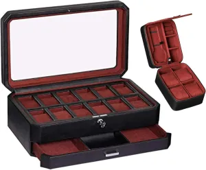 Storage Boxes Glass Top Black/Red Gift Set 12 Slot Leather Watch Box with Valet Drawer & Matching 5 Watch Travel Case - Luxury Case Display Organizer, Locking Mens Jewelry Watches businesswoman Holder, Men's 